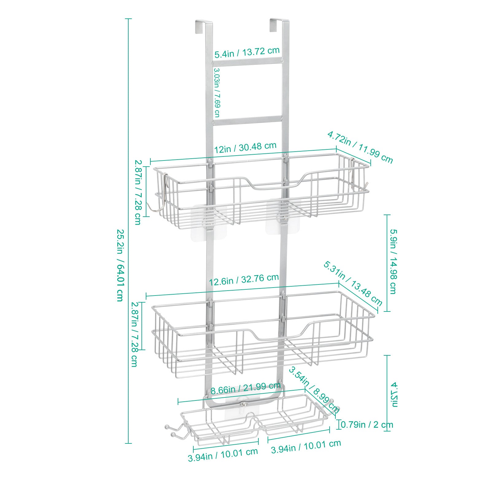 Over the Door Shower Caddy, Hanging Organizer Shelf Rustproof, Shower Basket with Suction Cup, Bathroom Shower Caddy Over The Door with Hook & Soap Box, No Drilling(3 Tier, Silver)