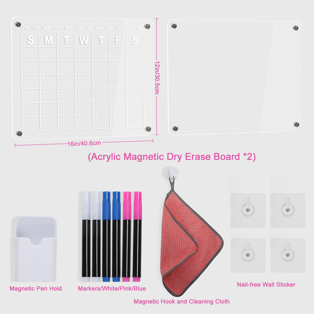 Acrylic Magnetic Dry Erase Board - Adhesive Calendar Planner Boards for Fridge and Wall, Includes 6 Magnetic Markers (3 Colors), Pen Holder, Clean Cloth, and Self-Adhesive Wall Hooks