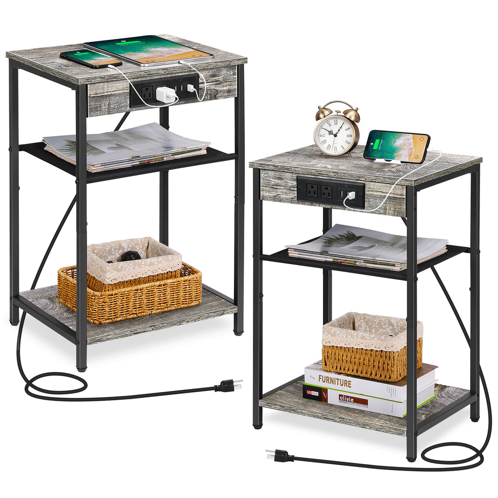 Set of 2 Nightstands with Charging Station, 3-Tier Narrow End Table with USB & Outlets for Bedroom, Gray,