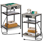 Set of 2 Nightstands with Charging Station, 3-Tier Narrow End Table with USB & Outlets for Bedroom, Gray,