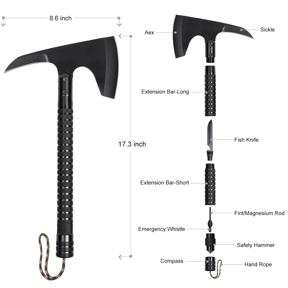 Tactical Camping Axe with Sickle & Survival Tools, Folding Portable Hatchet with Compass and Flint, Multitool for Hiking and Hunting,