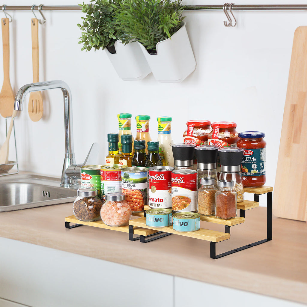 Heavy-Duty Bamboo Step Shelf Organizer | Expandable 3-to-4 Tier Spice Rack for Pantry & Countertop