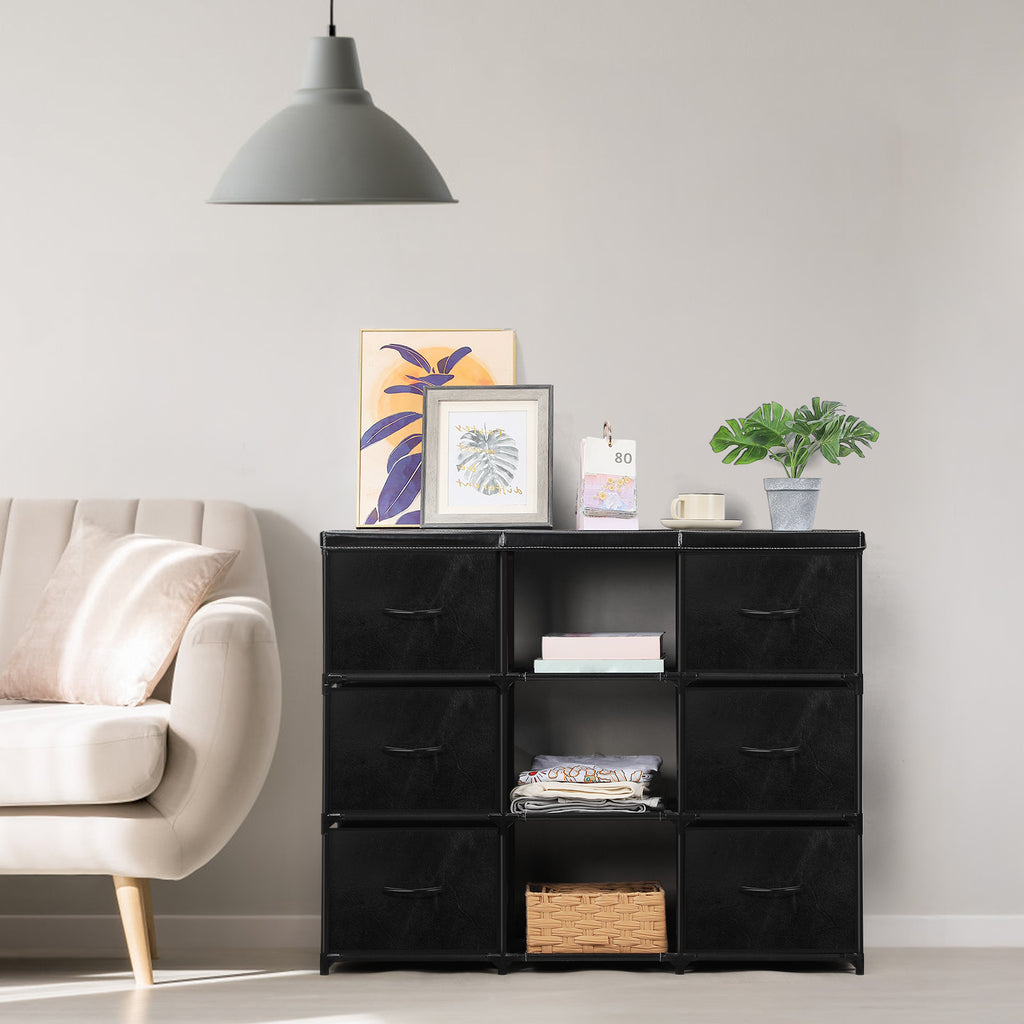 6/8 Drawer Fabric Storage Dresser with Open Middle Shelves, PU Leather Top Chest of Drawers, Modular Metal Frame Vertical Organizer Cabinet, Freestanding Closet Organizer for Bedroom, Entryway, Living Room, Salon