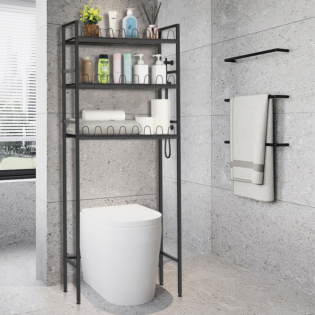3-Tier Over The Toilet Storage Shelf, Bathroom Rack Organizer Above Toilet, Space Saving Stand, Black,