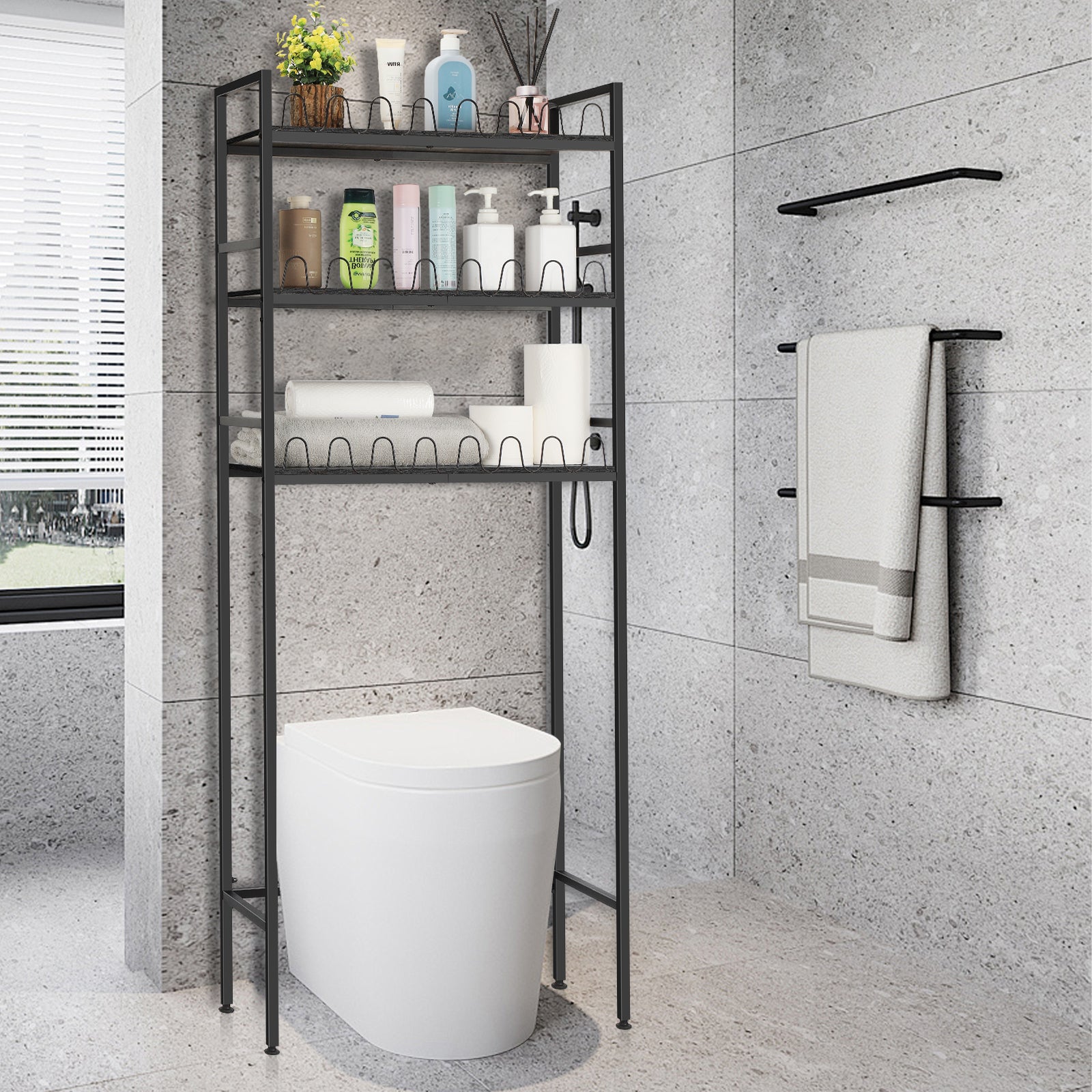 3-Tier Over The Toilet Storage Shelf, Bathroom Rack Organizer Above Toilet, Space Saving Stand, Black,