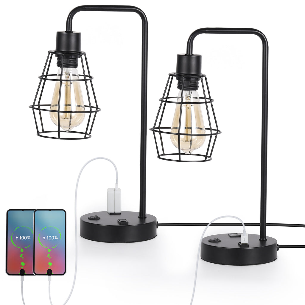 Set of 2 Industrial USB Table Lamps - Metal Cage Bedside Lamps with Dual USB Ports & AC Outlet