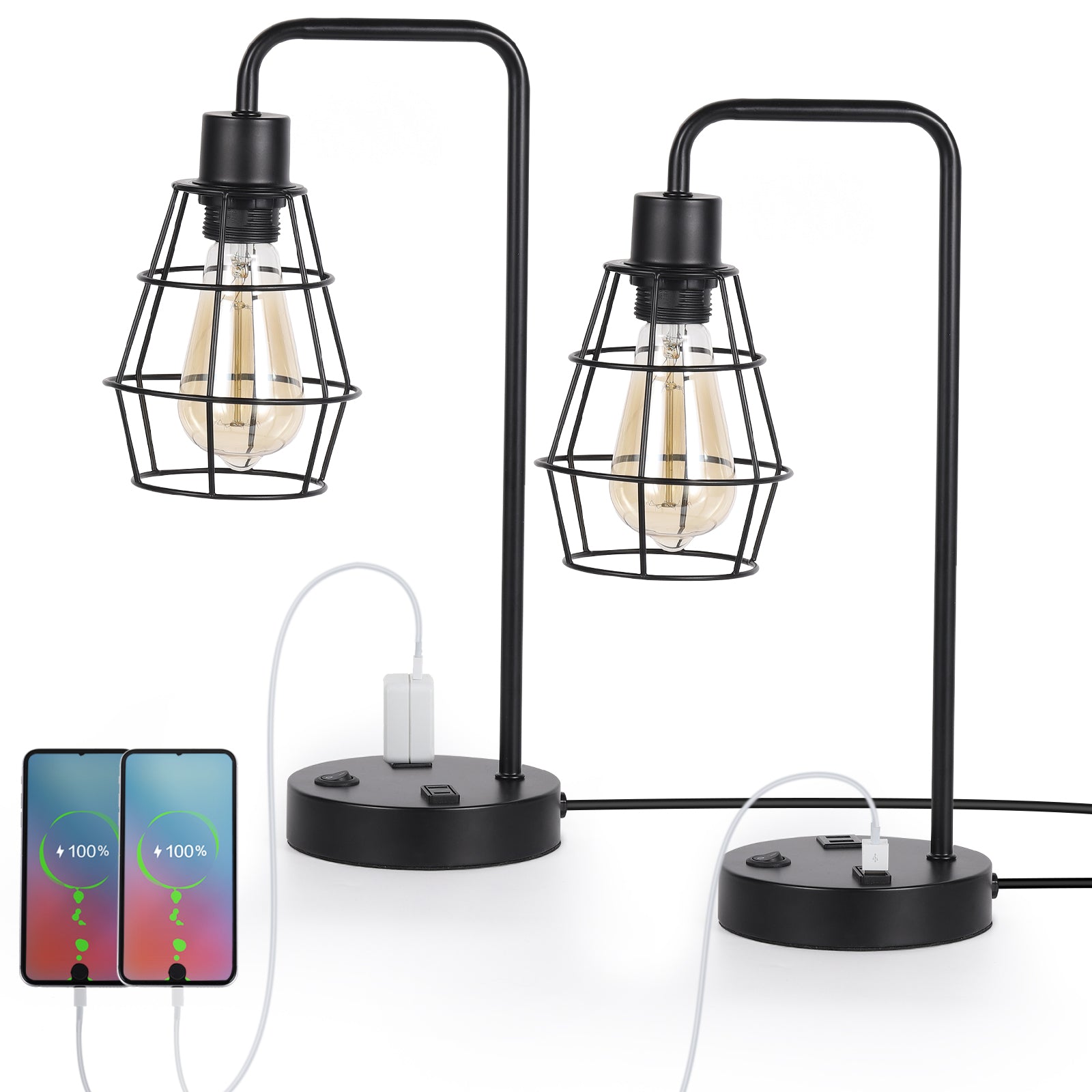 Set of 2 Industrial USB Table Lamps - Metal Cage Bedside Lamps with Dual USB Ports & AC Outlet