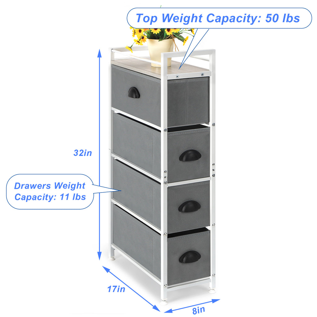 Vertical 4-Drawer Fabric Storage Tower - Slim Compact Dresser with Wood Top for Laundry Room, Living Area, and Small Entryway Gaps (White and Light Grey)
