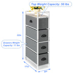 Vertical 4-Drawer Fabric Storage Tower - Slim Compact Dresser with Wood Top for Laundry Room, Living Area, and Small Entryway Gaps (White and Light Grey)