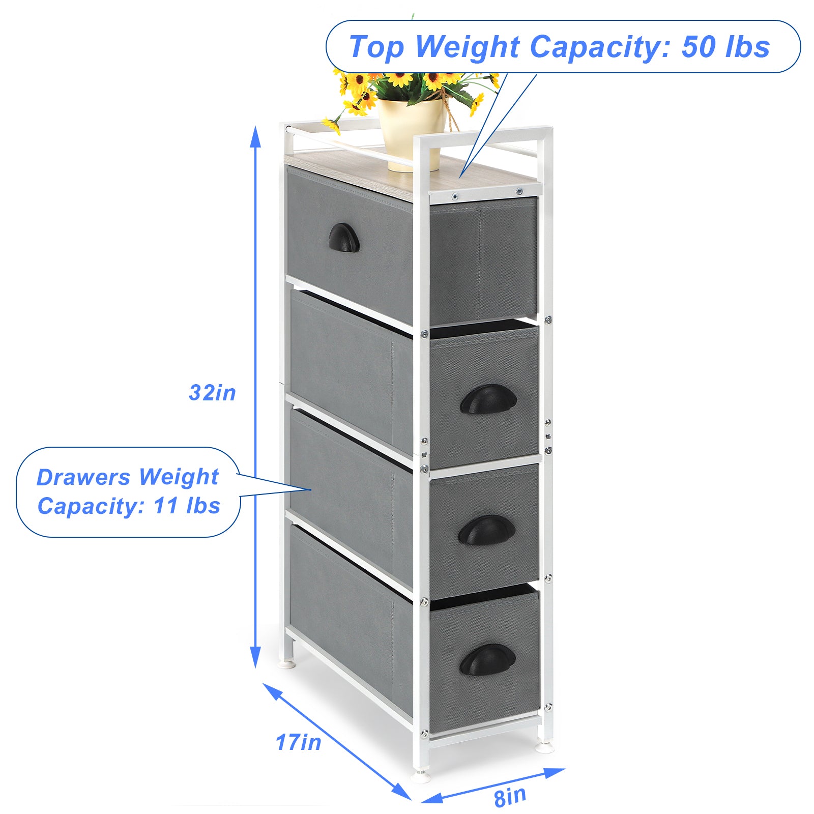 Vertical 4-Drawer Fabric Storage Tower - Slim Compact Dresser with Wood Top for Laundry Room, Living Area, and Small Entryway Gaps (White and Light Grey)
