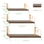 Torched Finish Floating Shelves with Gold Circular Brackets - Set of 3 Wall Mounted Display Shelves
