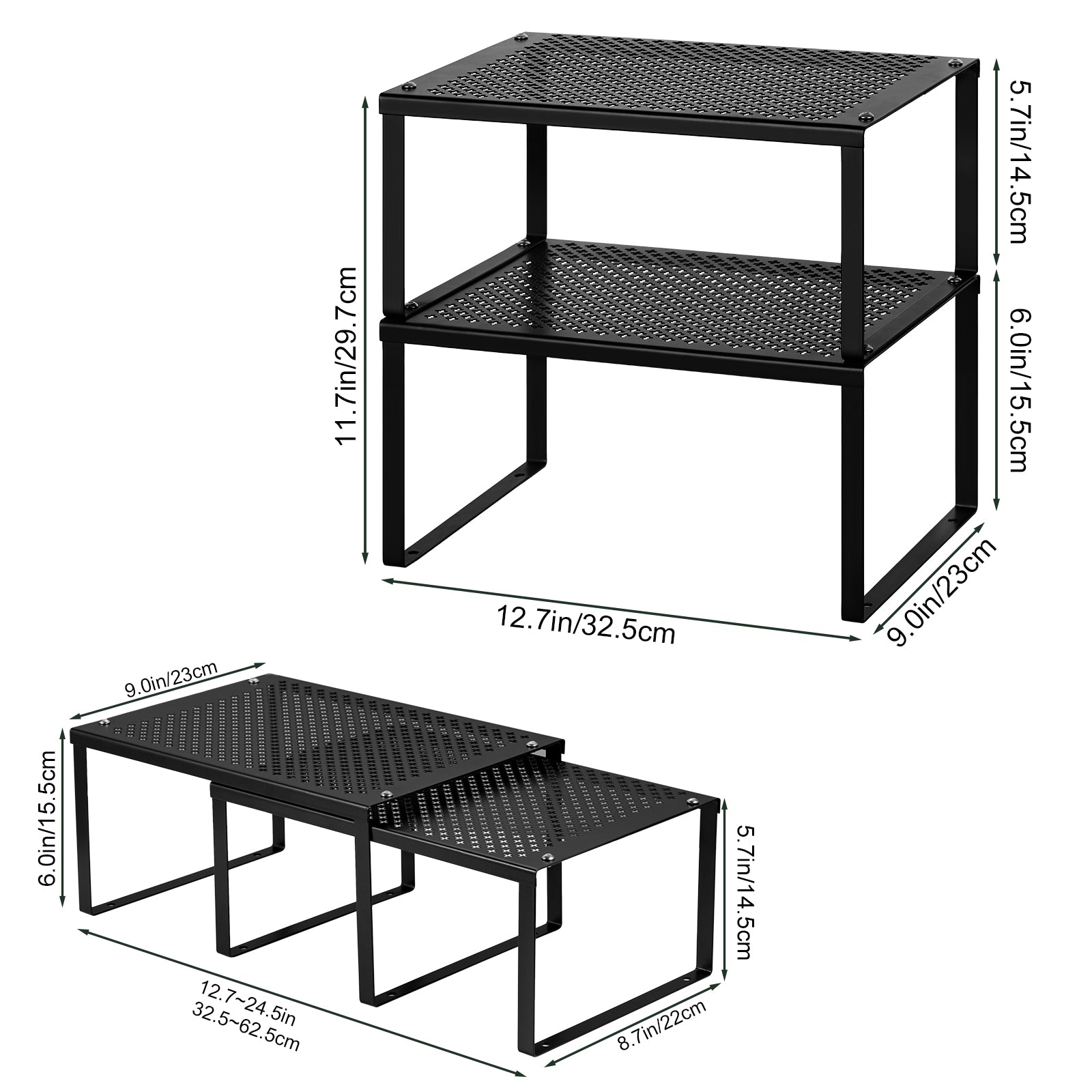 Set of 2 Black Cabinet Shelf Inserts - Expandable & Stackable Kitchen Organizer for Spice Rack