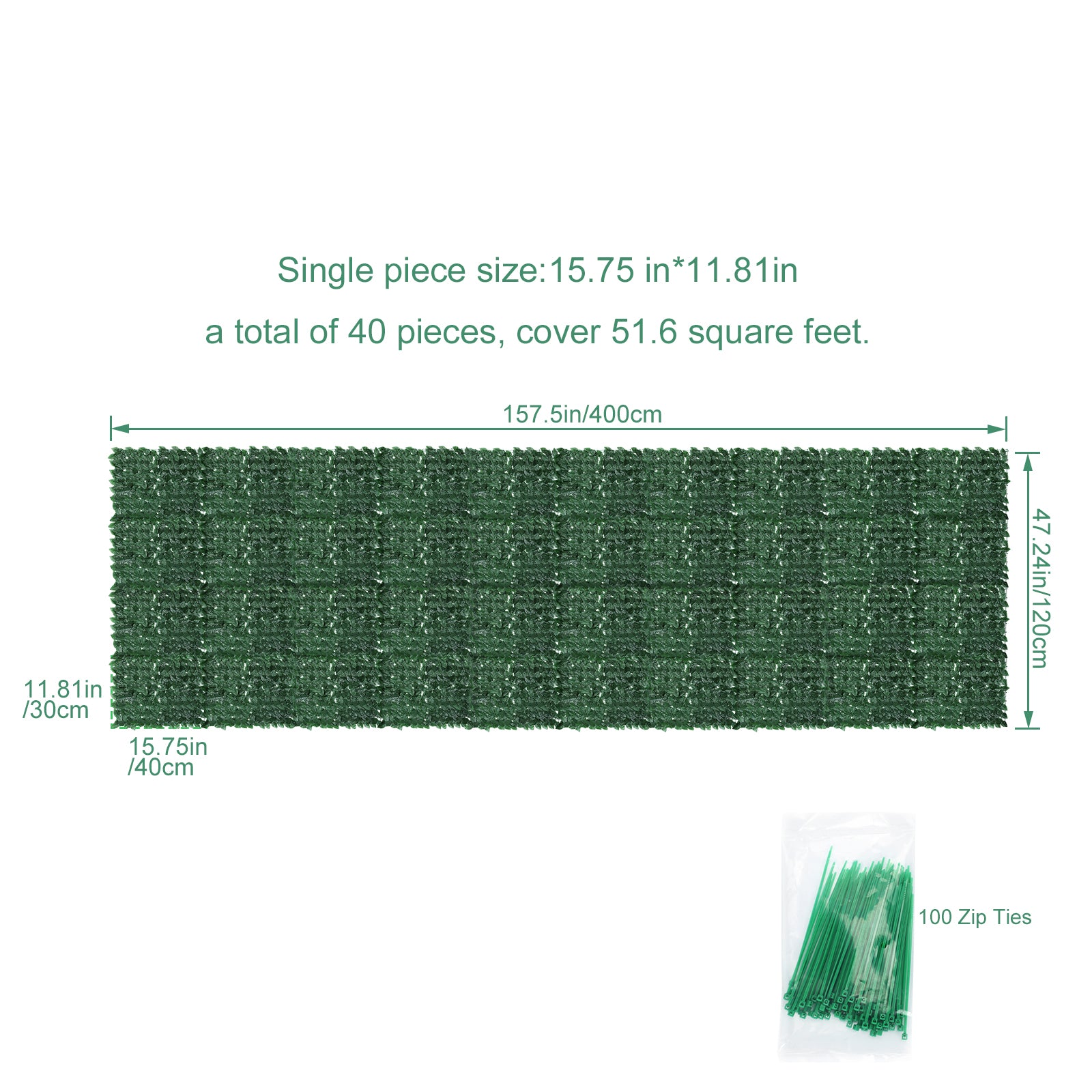 Artifical Ivy Privacy Fence (Green Apple Style) - 47.2inch x 157.5inch(40 pieces) Faux Vine Wall for Garden & Balcony