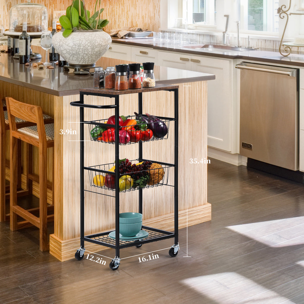 4-Tier Rolling Fruit & Vegetable Basket Cart - Mesh Wire Storage Trolley with Wood Top and Side Handle