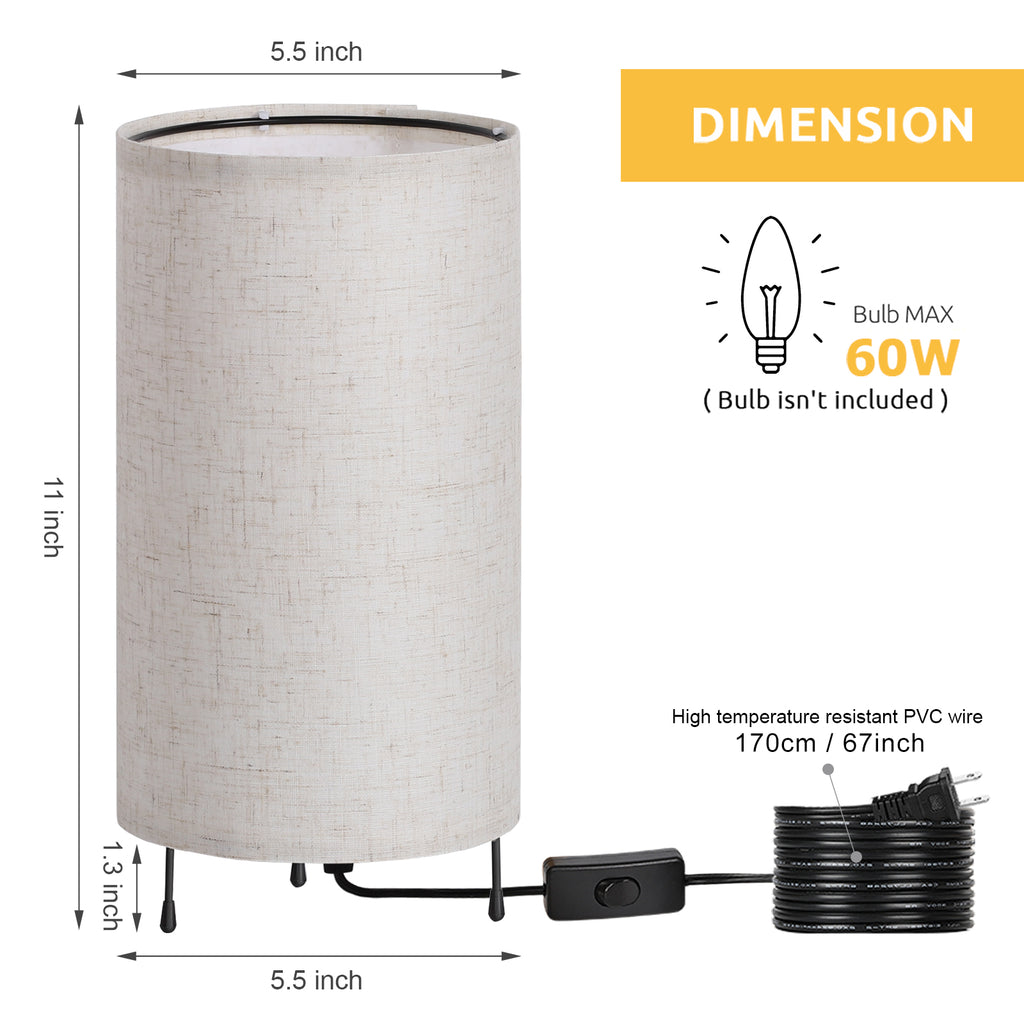 Minimalist Cylindrical Tripod Bedside Lamps (Set of 2)， Small Nightstand Lamps with Linen Shade.
