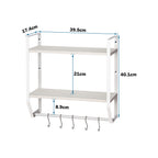 2 Tier Wall Mount Floating Shelves with 5 Hooks, White Metal Frame Wood Grain Wall Storage Rack, Multi Purpose Hanging Organizer Shelf for Bathroom Kitchen Bedroom Entryway
