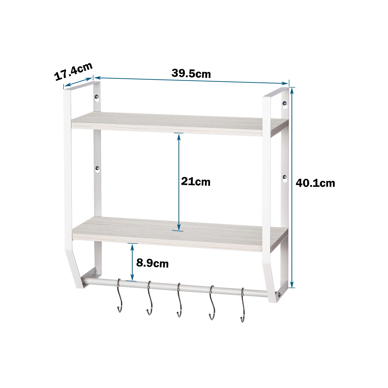 2 Tier Wall Mount Floating Shelves with 5 Hooks, White Metal Frame Wood Grain Wall Storage Rack, Multi Purpose Hanging Organizer Shelf for Bathroom Kitchen Bedroom Entryway
