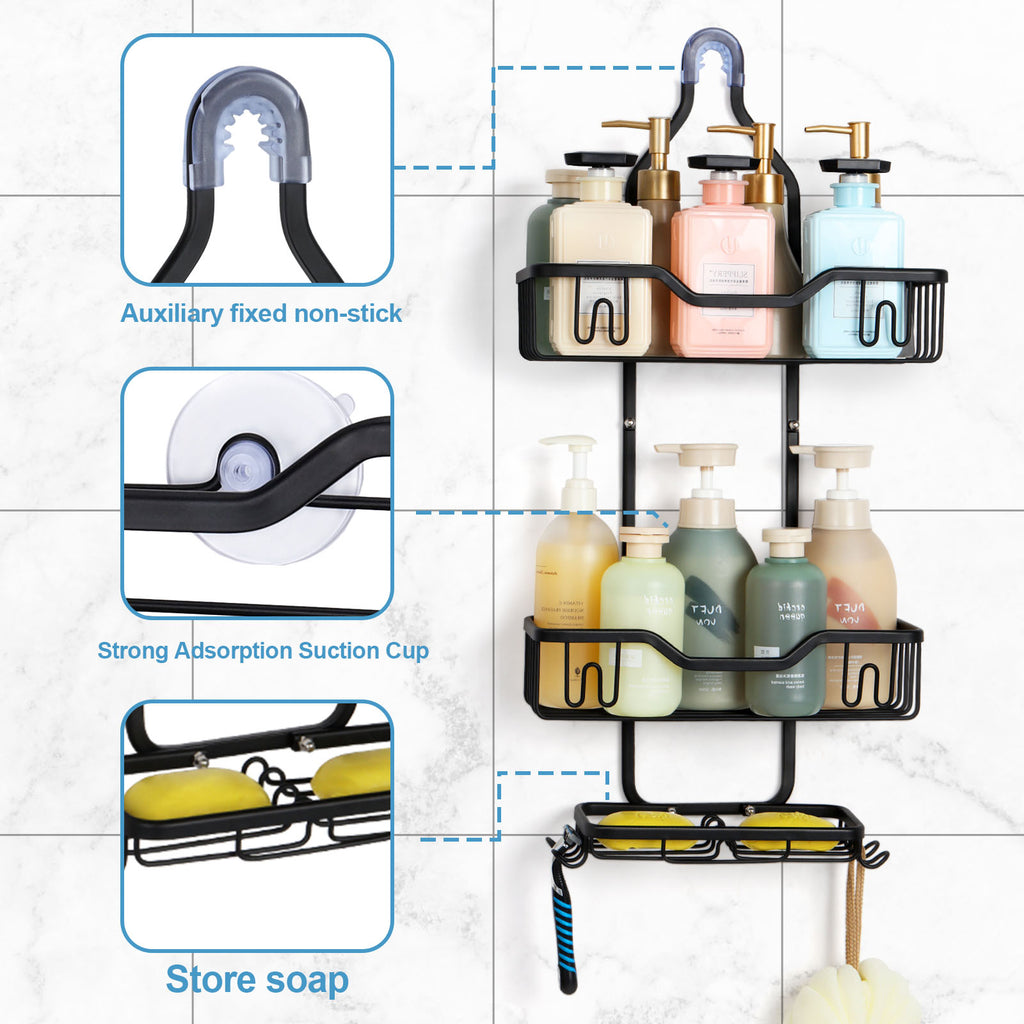 With 4 hooks, shower organizer rack, bathroom hanging shower box, rust resistant and waterproof shower storage rack for shampoo, conditioner, soap, bath sponge, black