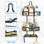 With 4 hooks, shower organizer rack, bathroom hanging shower box, rust resistant and waterproof shower storage rack for shampoo, conditioner, soap, bath sponge, black
