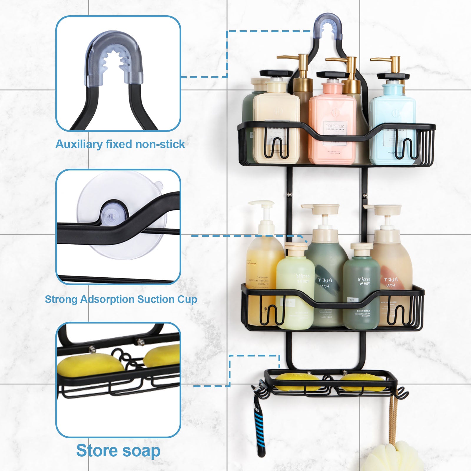 With 4 hooks, shower organizer rack, bathroom hanging shower box, rust resistant and waterproof shower storage rack for shampoo, conditioner, soap, bath sponge, black