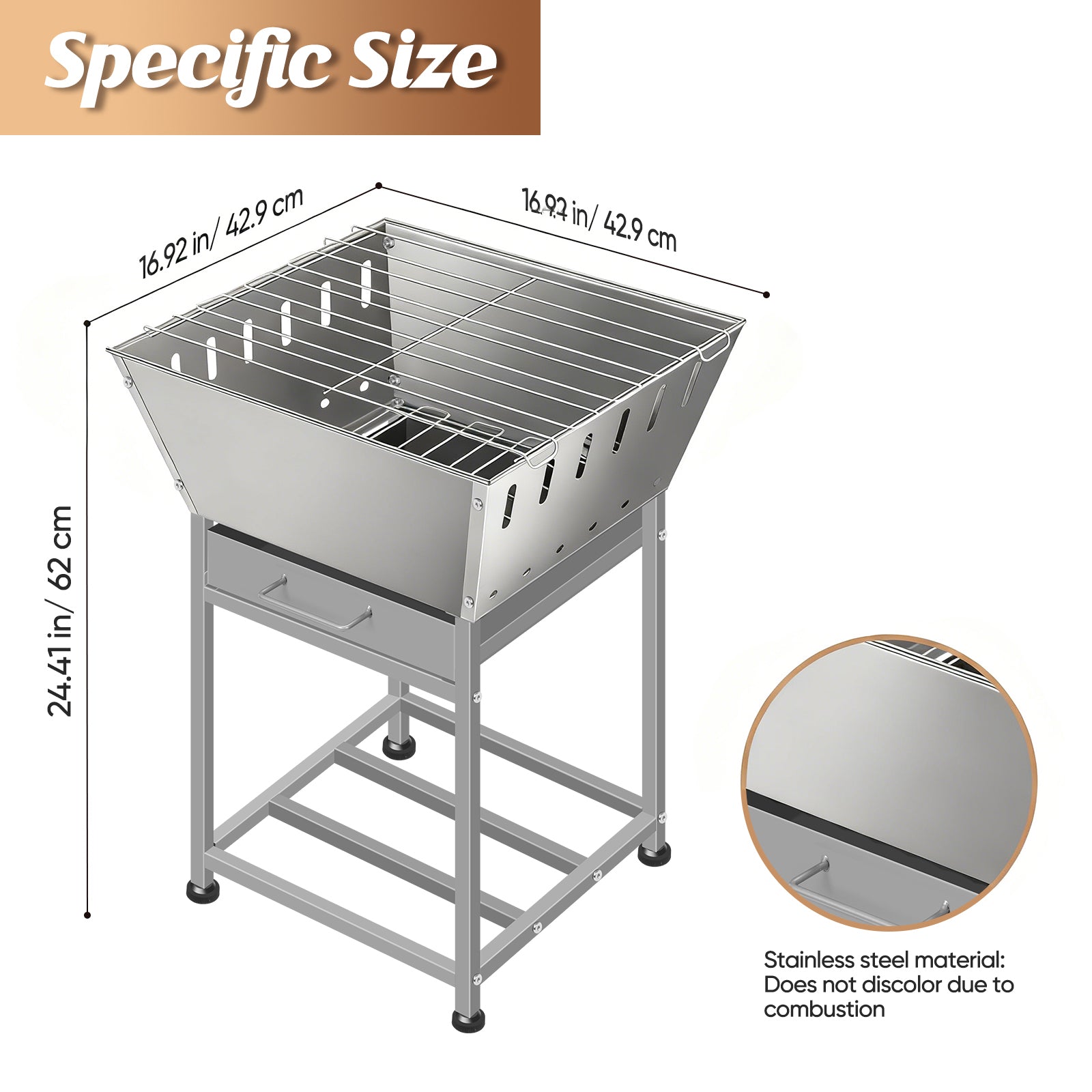 24 Inch Stainless Steel Outdoor Fire Pit, 3-in-1 Wood Burning Square Fire Pit with Cooking Grate, Storage Space & Ash Pan, Multi-functional Firepit for Camping Backyard Bonfire BBQ Picnic Patio