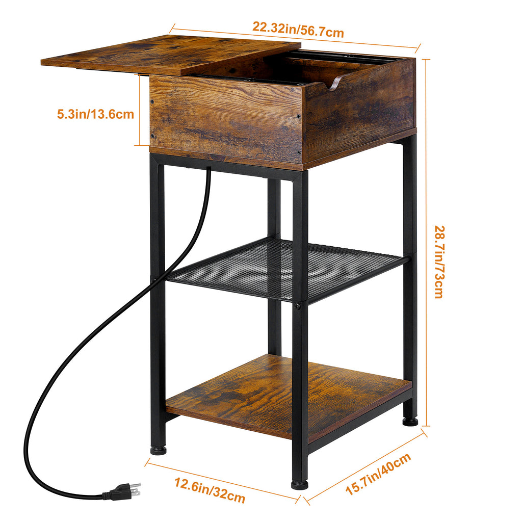 Rustic End Table with Charging Station - Slide Rail Bedside Nightstand w/ USB Ports & Outlets, Brown