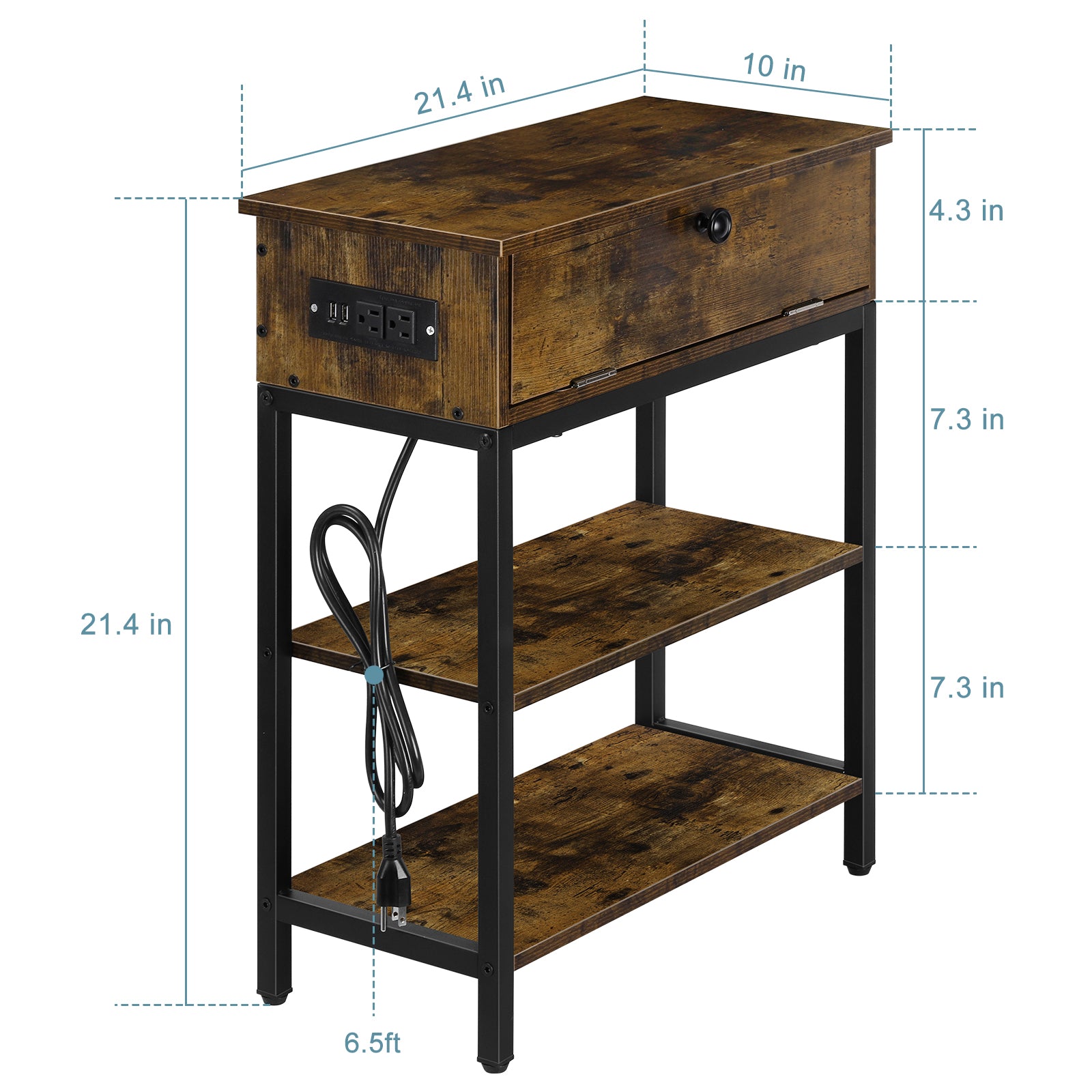Nightstand with Charging Station & Flip Door, Rustic Side Table with USB Ports for Small Spaces