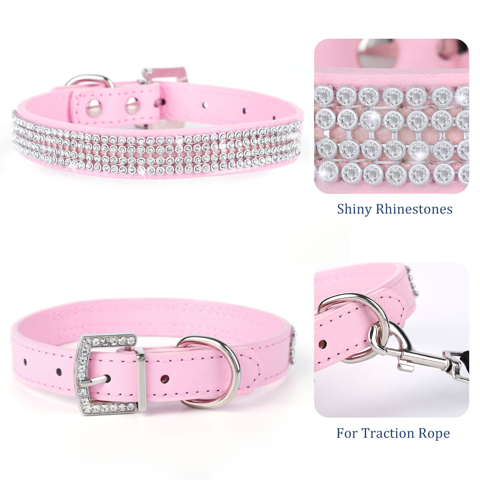 Adjustable Soft PU Leather Pet Collar for Dogs and Cats, Stylish Outdoor Neck Strap for Small to Large Breeds including Pugs and Bulldogs, Black and Pink