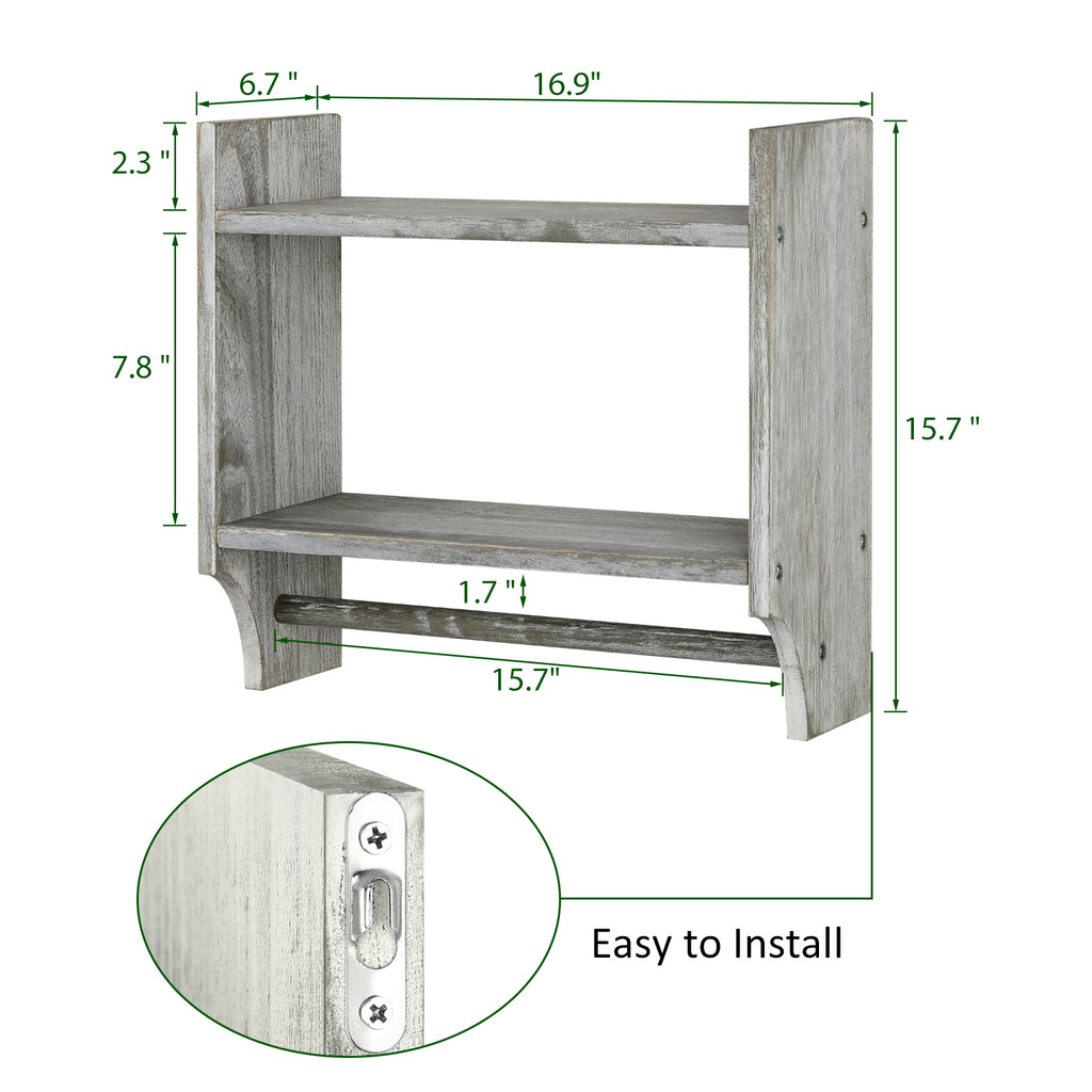 2-Tier Rustic Bathroom Shelf with Towel Bar for for Bathroom/Living Room/Kitchen/Bedroom, Wall Mounted Bathroom Shelf above Toilet Storage Cabinet, Gray-Green
