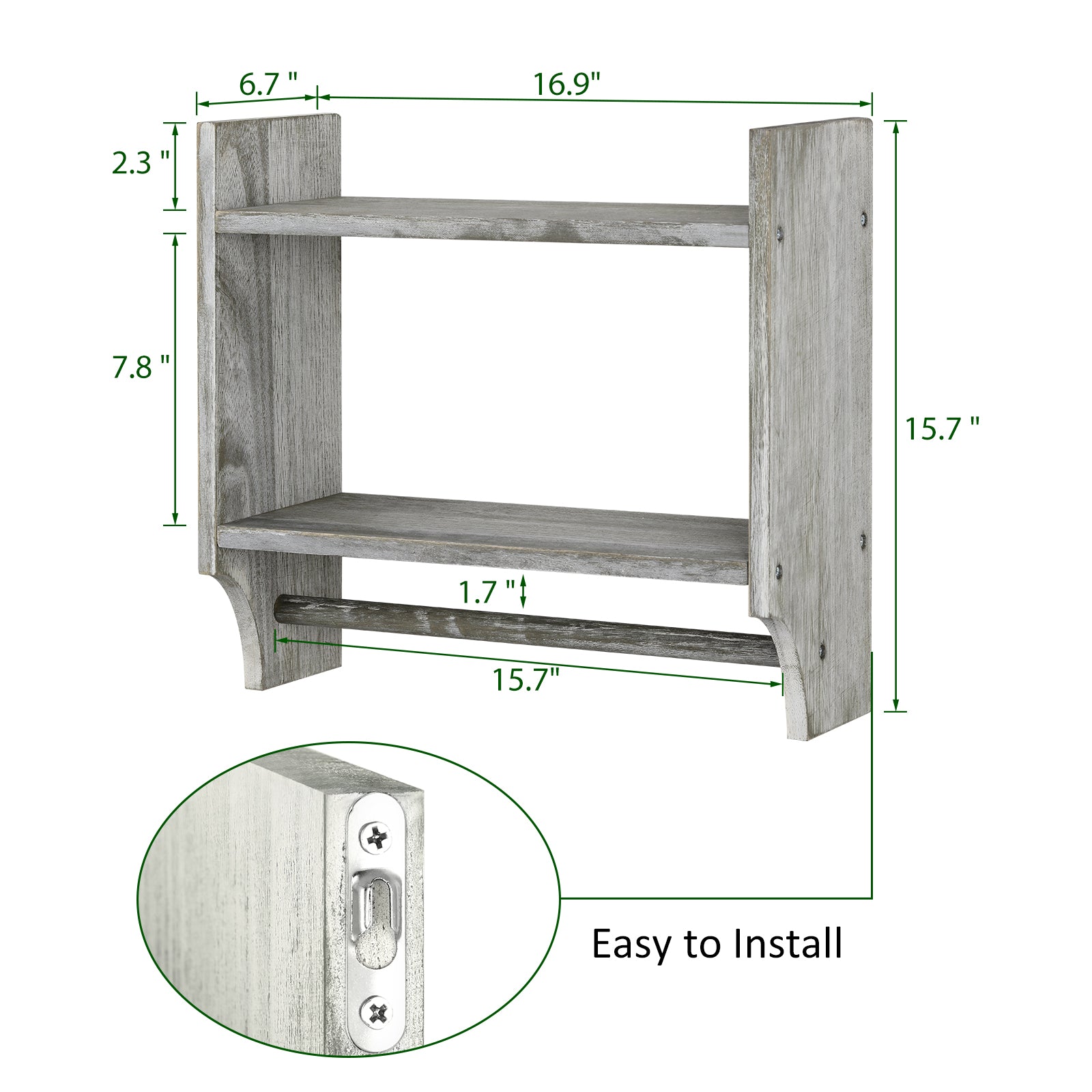 2-Tier Rustic Bathroom Shelf with Towel Bar for for Bathroom/Living Room/Kitchen/Bedroom, Wall Mounted Bathroom Shelf above Toilet Storage Cabinet, Gray-Green