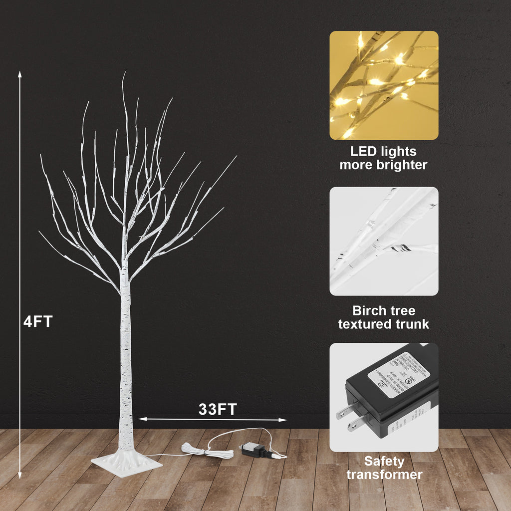 6/4FT Lighted White Birch Tree with Warm LED Fairy Lights, Pre Lit Birch Tree Indoor Outdoor Holiday Decor for Christmas Wedding Party
