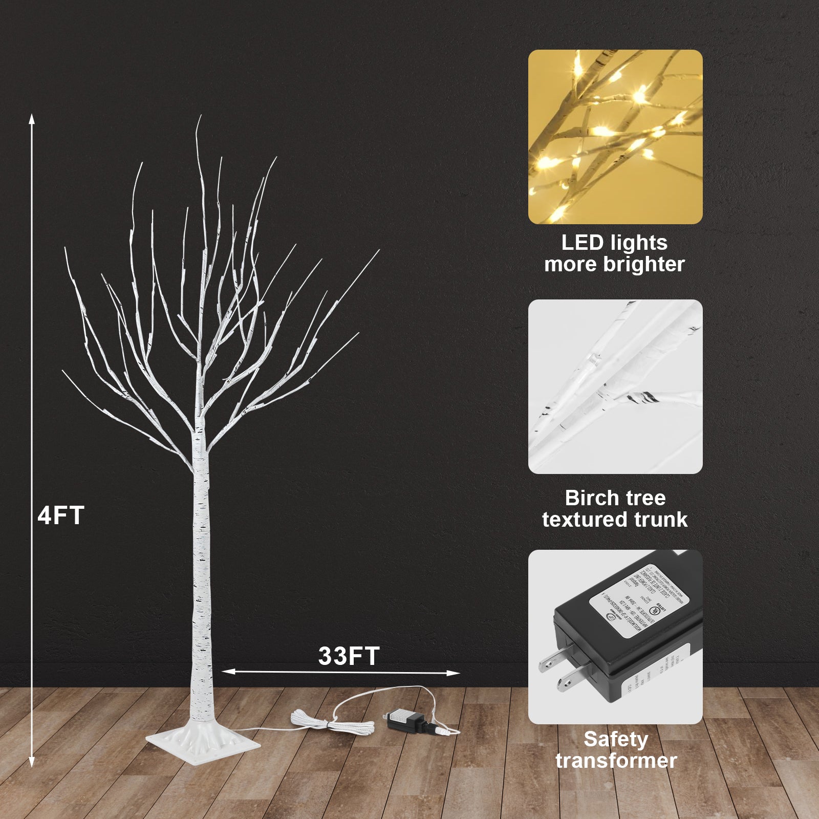 6/4FT Lighted White Birch Tree with Warm LED Fairy Lights, Pre Lit Birch Tree Indoor Outdoor Holiday Decor for Christmas Wedding Party