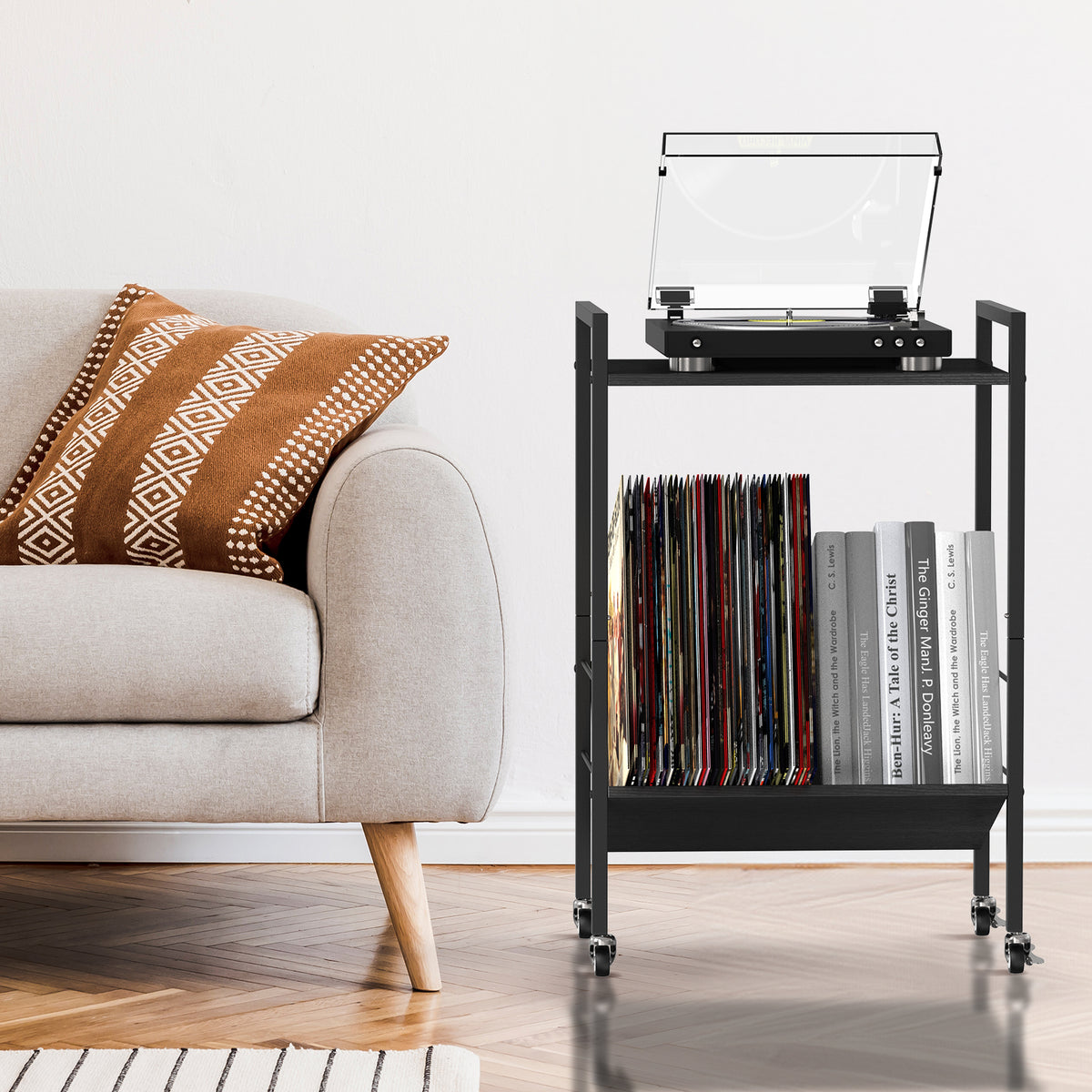 Vinyl Player Stand Record Player Stand with Record Storage Record Player with Wheels Turntable Stand for Record Player 2 Layer Rolling Record Storage for Living Room Bedroom Office Brown