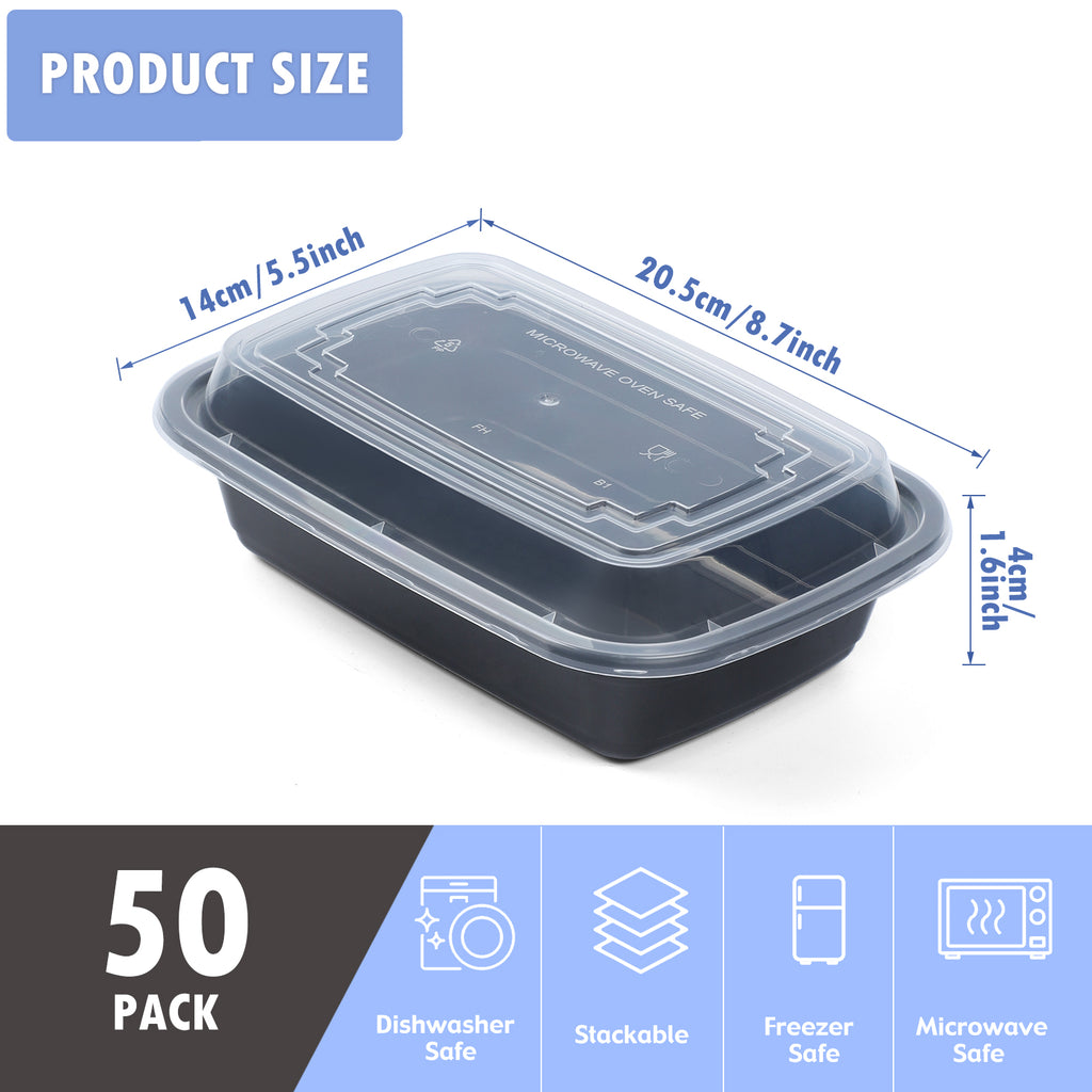 50-Pack 28oz Meal Prep Containers - Stackable Square Disposable Food Storage with Airtight Lids - Microwave & Dishwasher Safe