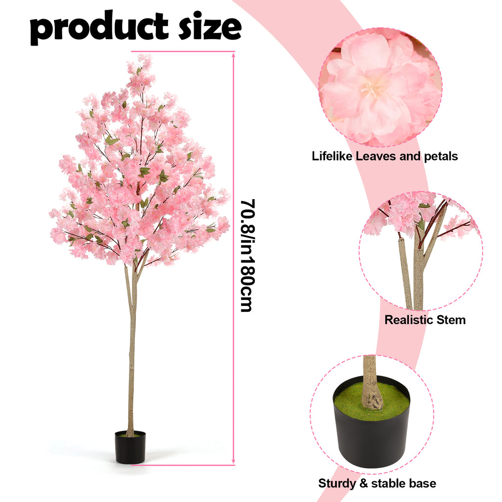 6FT Artificial Cherry Blossom Tree, Lifelike Pink Silk Faux Sakura Tree with Moss Covered Plastic Planter Pot, No Maintenance Fake Flower Tree Decor for Home Living Room Office Wedding Garden Party Indoor Outdoor