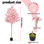 6FT Artificial Cherry Blossom Tree, Lifelike Pink Silk Faux Sakura Tree with Moss Covered Plastic Planter Pot, No Maintenance Fake Flower Tree Decor for Home Living Room Office Wedding Garden Party Indoor Outdoor