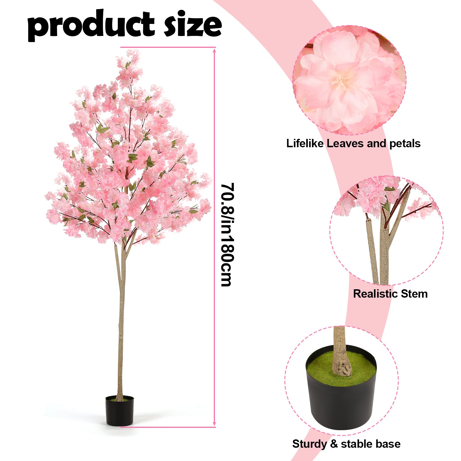 6FT Artificial Cherry Blossom Tree, Lifelike Pink Silk Faux Sakura Tree with Moss Covered Plastic Planter Pot, No Maintenance Fake Flower Tree Decor for Home Living Room Office Wedding Garden Party Indoor Outdoor