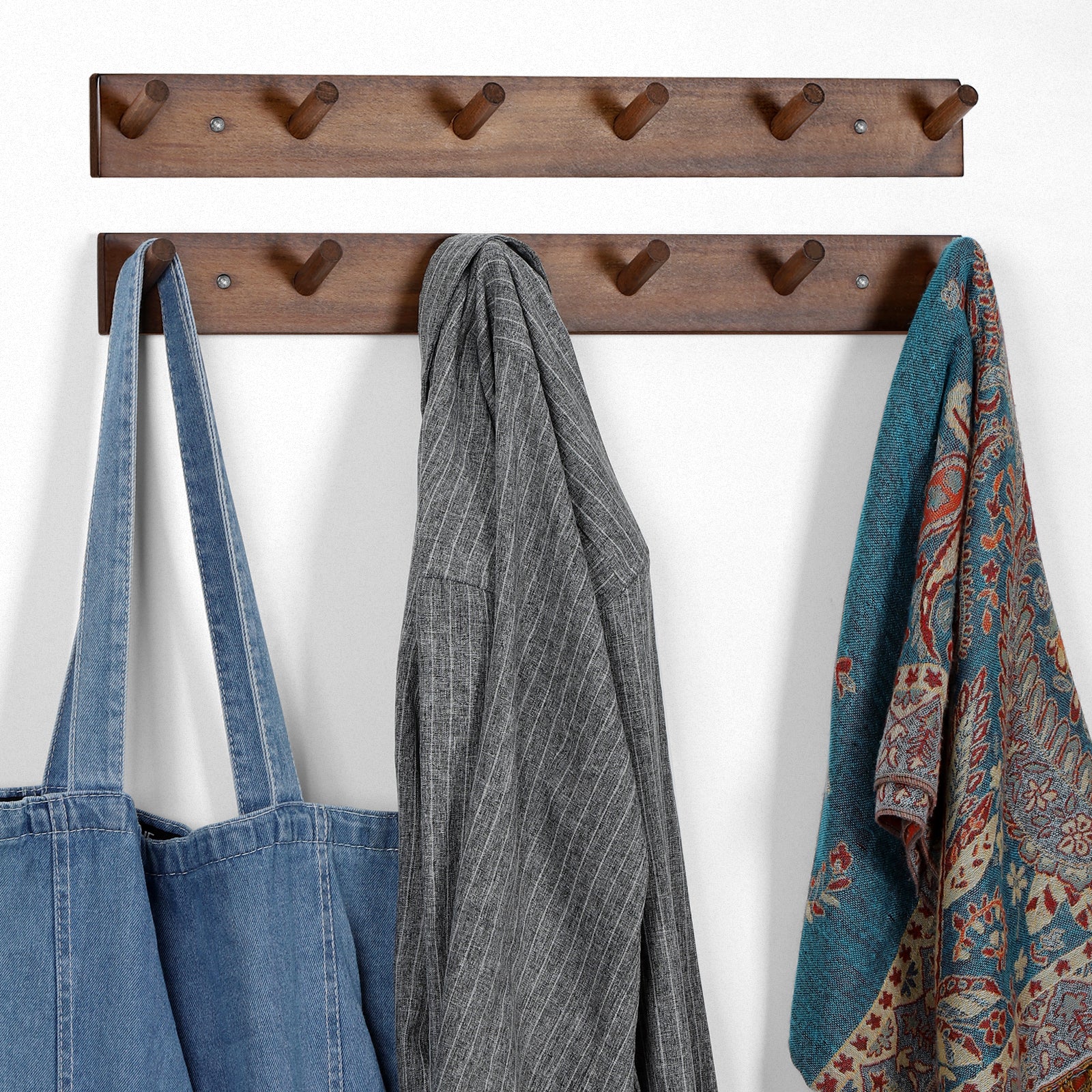 Rustic Dark Wood Peg Coat Hooks Set of 2, 6-Peg Wall Mount Hanging Rack, Farmhouse Wall Coat Hanger for Entryway Mudroom Towels Umbrellas Scarves