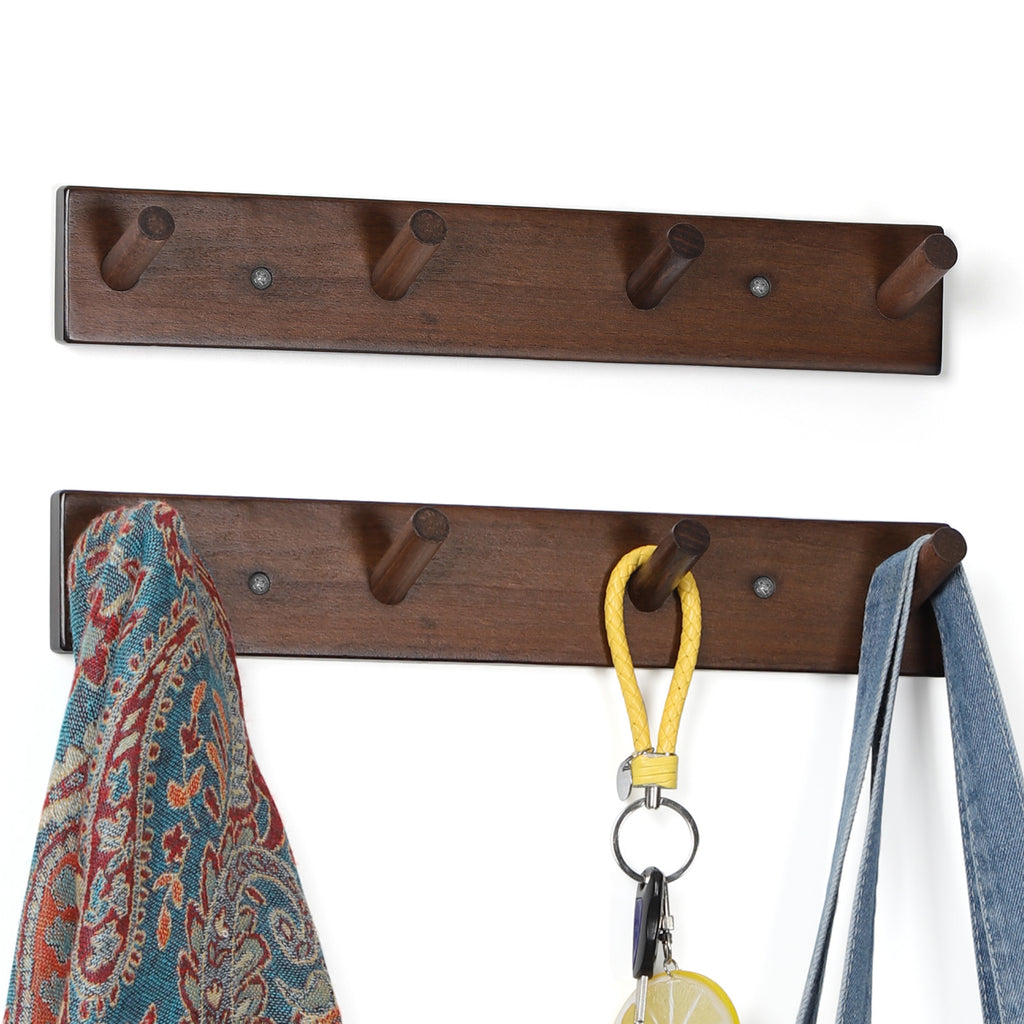 Rustic Solid Beech Wood Peg Coat Hooks 2 Pack, Wall Mount 4-Peg Hanging Rack with Adhesive Glue & Hardware Screws, Minimalist Farmhouse Wall Hanger for Coats, Backpacks, Umbrellas, Towels, Entryway Decor