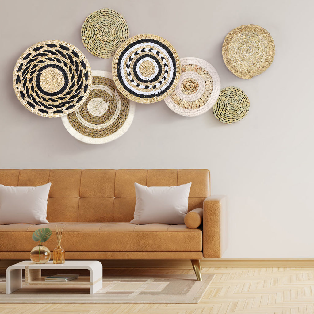 7-Piece Boho Woven Wall Decor Set, Round Circular Seagrass Wall Hanging Art for Living Room & Bedroom