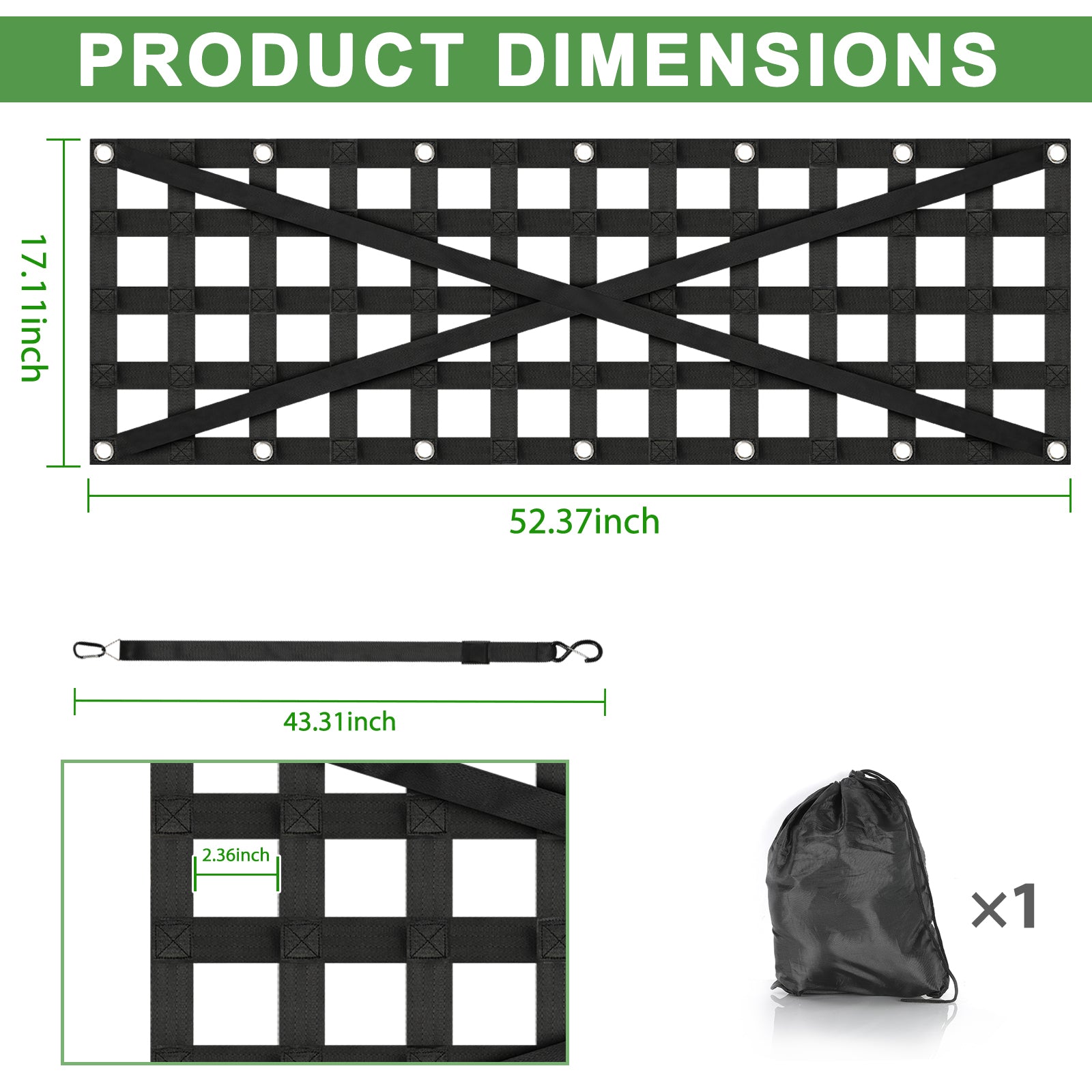 Heavy-Duty Pickup Tailgate Cargo Net - 52'' x 17'' Universal Truck Bed Netting with Storage Bag - Fits SUV, Ford, Toyota for Secure Hauling