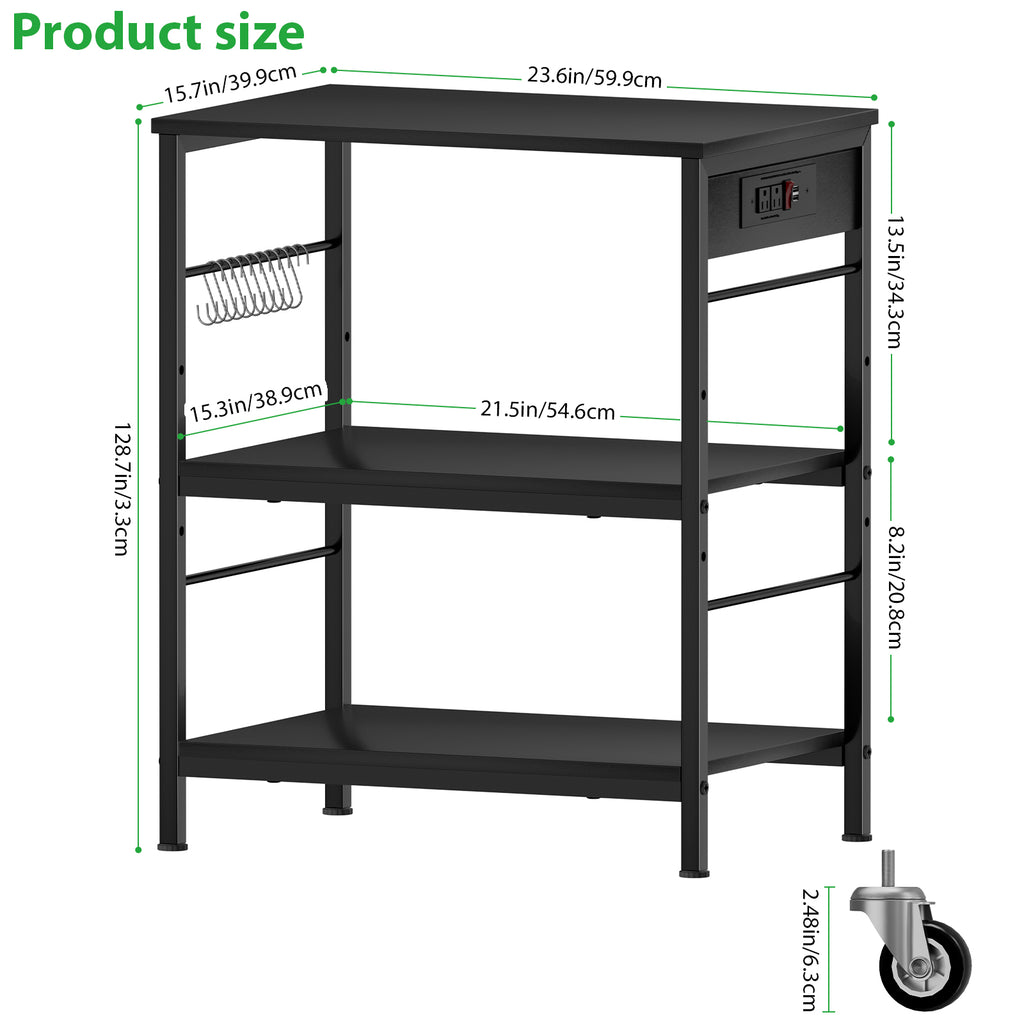 3-Tier Rolling Baker's Rack - Kitchen Microwave Stand with Power Outlets & 10 Hanging Hooks, Black,