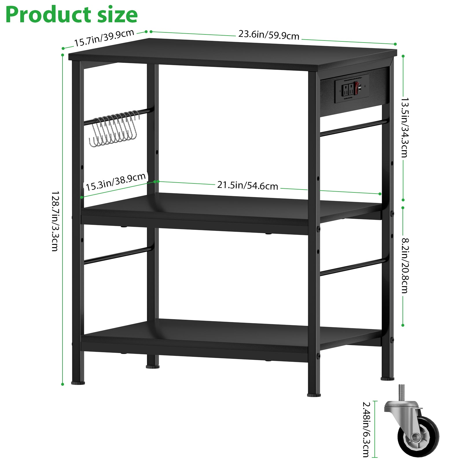 3-Tier Rolling Baker's Rack - Kitchen Microwave Stand with Power Outlets & 10 Hanging Hooks, Black,