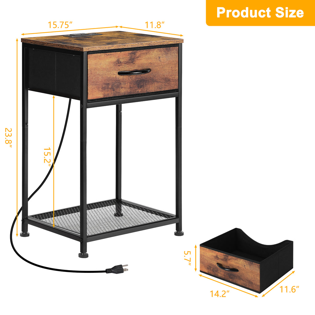 Set of 2 Farmhouse Nightstands with Charging Station, Rustic Brown Industrial End Tables with Fabric Drawer and Mesh Shelf for Bedroom, Living Room