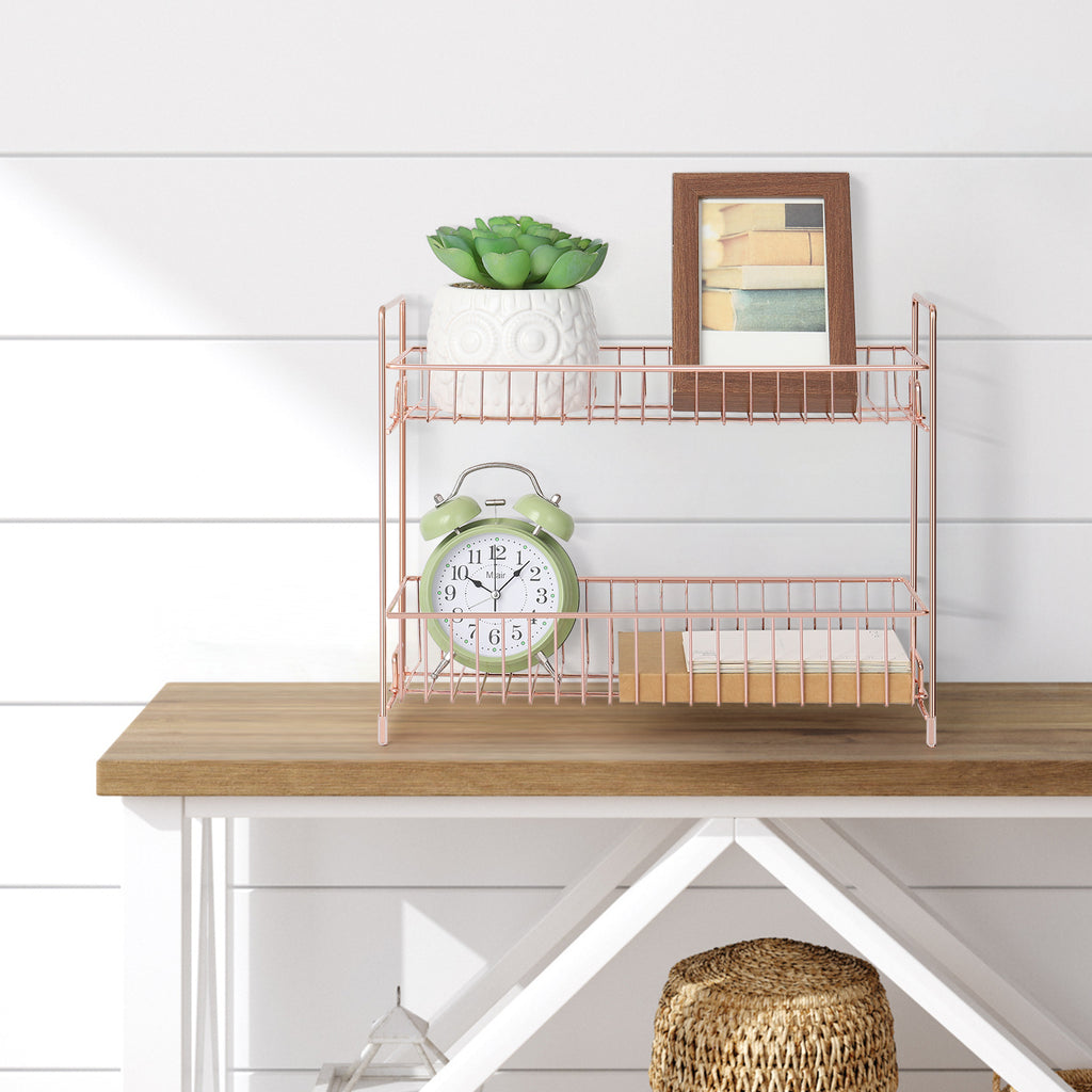 2-Tier Rose Gold Countertop Spice Rack Organizer - Elegant Metal Kitchen Storage Shelf for Jars and Bottles