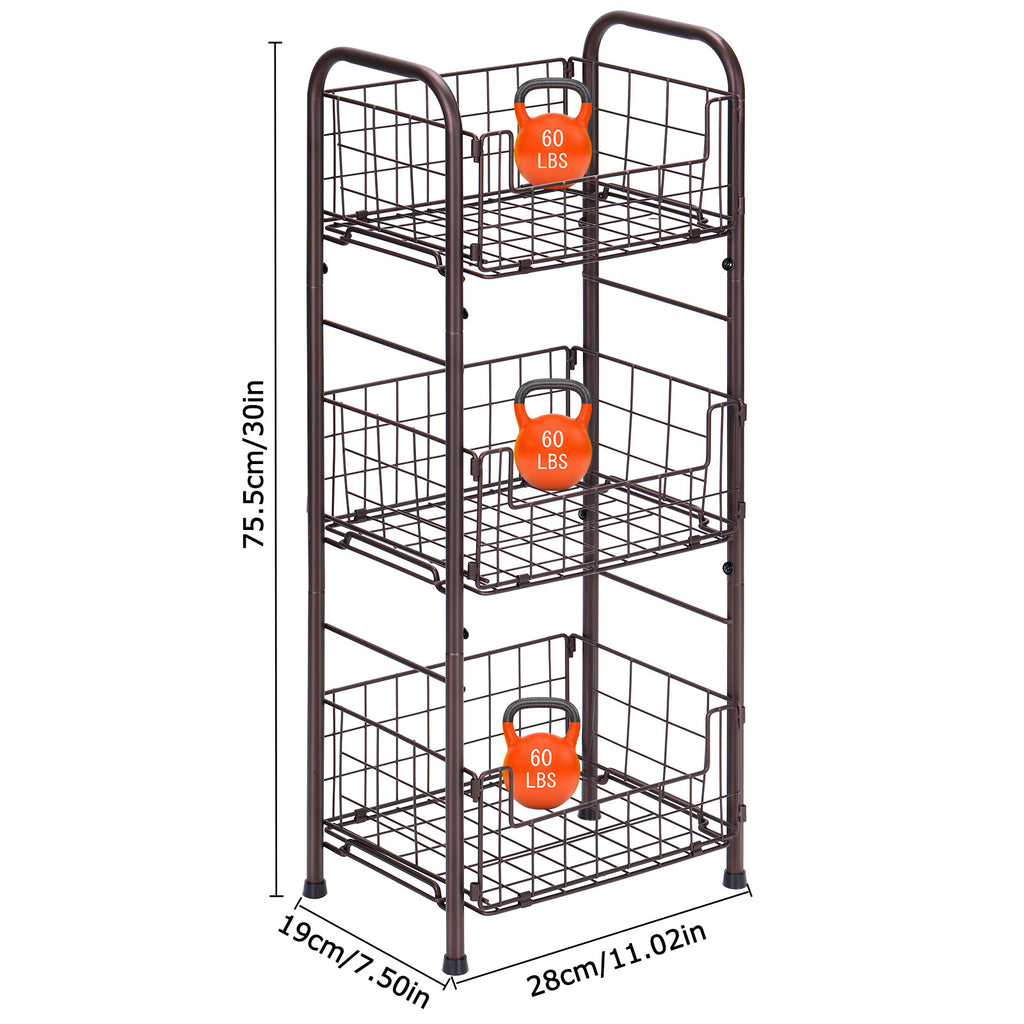 3-Tier FreeStanding Open Shelf, Storage Rolling Cart Bathroom Organizer Shelves Unit, Metal Steel Storage Tower Organizer Rack Basket Cart for Bathroom, Living Room, Balcony, Kitchen