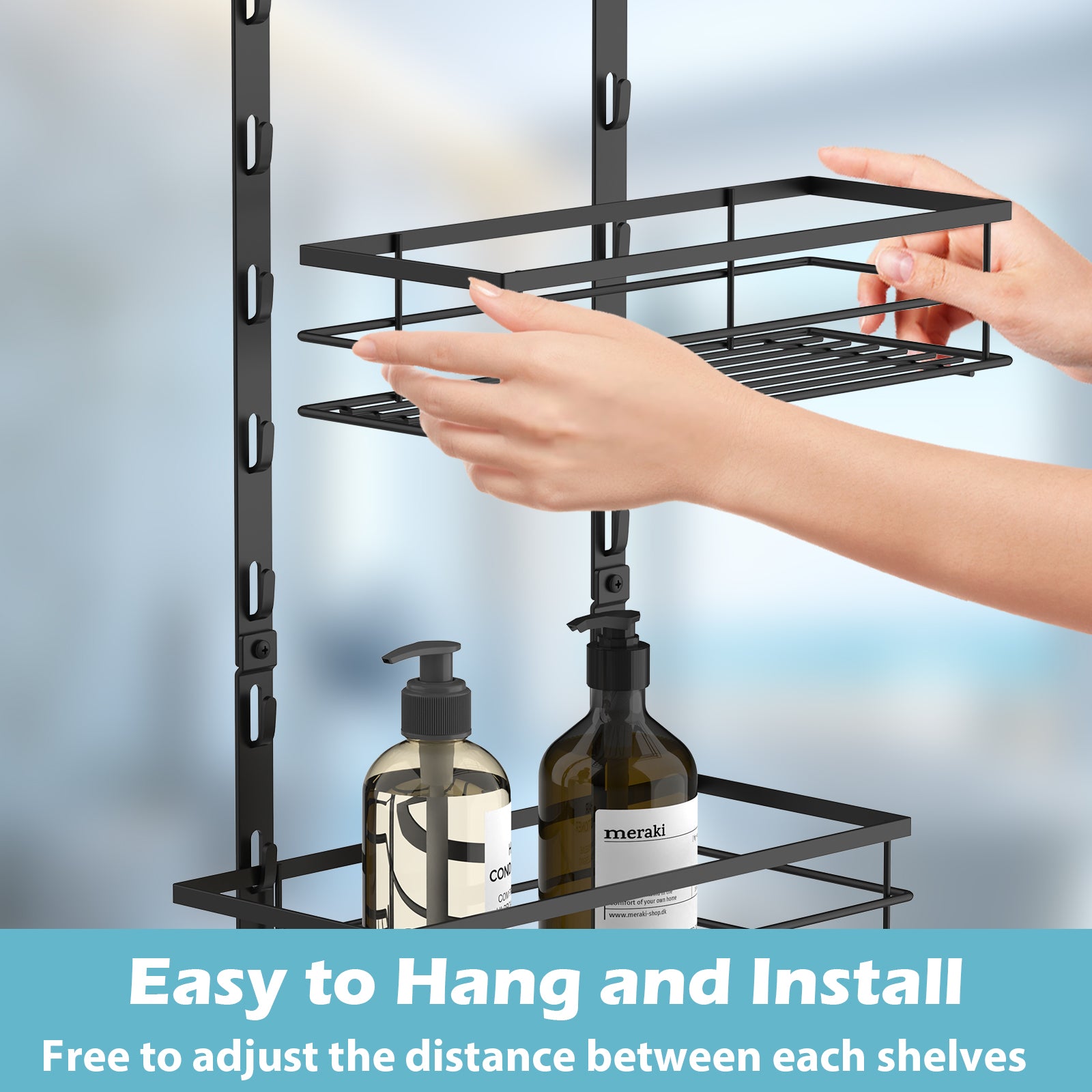 Adjustable 4 Tier Over the Door Shower Caddy, Bathroom Hanging Organizer Shelf Rustproof with Hooks, Shower Basket with Soap Holder