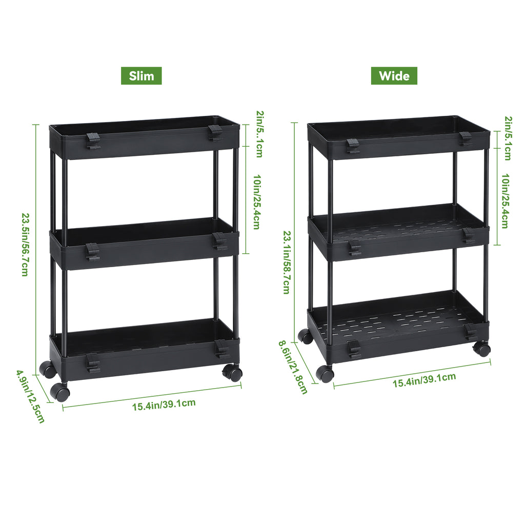 2-Pack 3-Tier Slim Storage Cart on Wheels - Mobile Rolling Utility Rack for Kitchen, Bathroom & Laundry