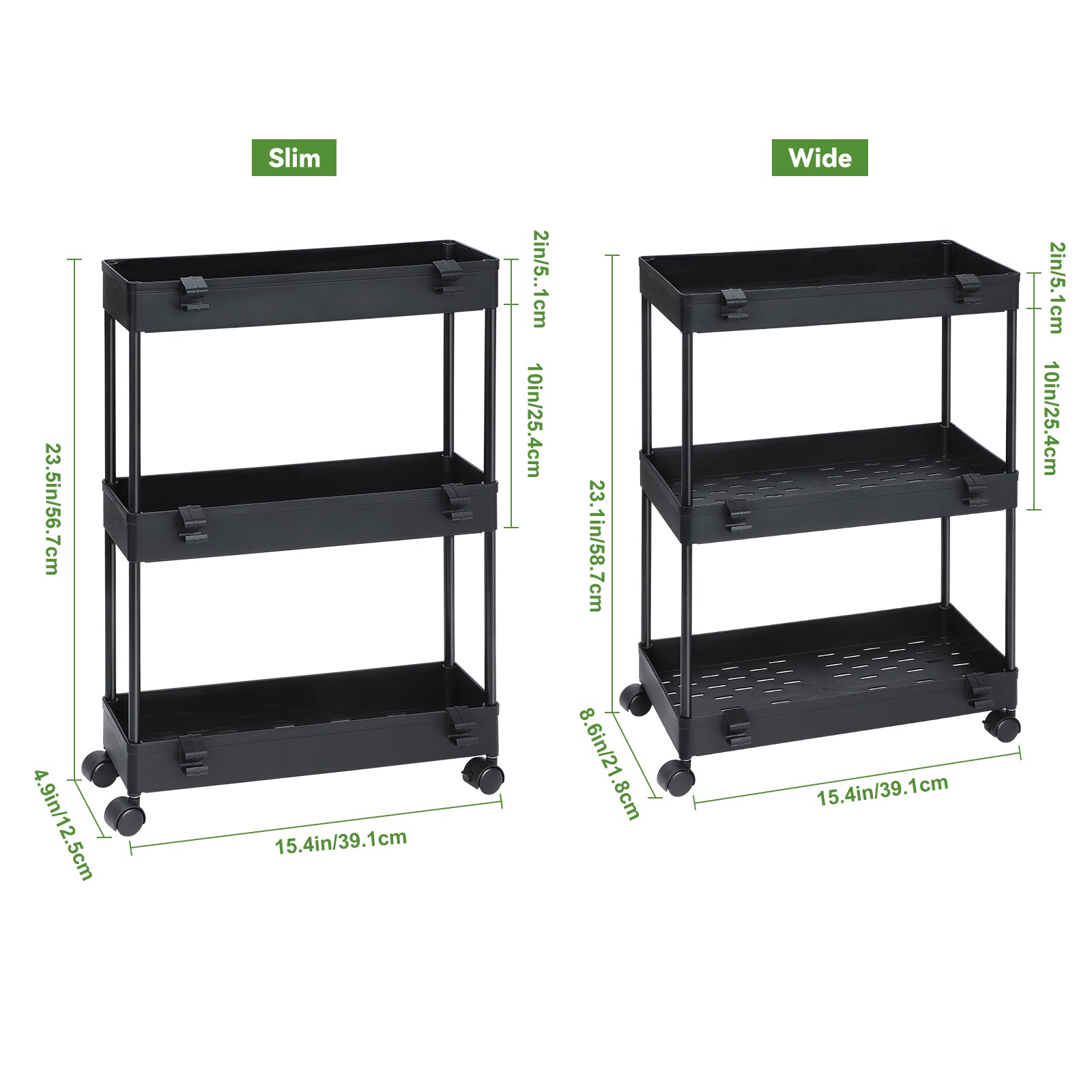 2-Pack 3-Tier Slim Storage Cart on Wheels - Mobile Rolling Utility Rack for Kitchen, Bathroom & Laundry
