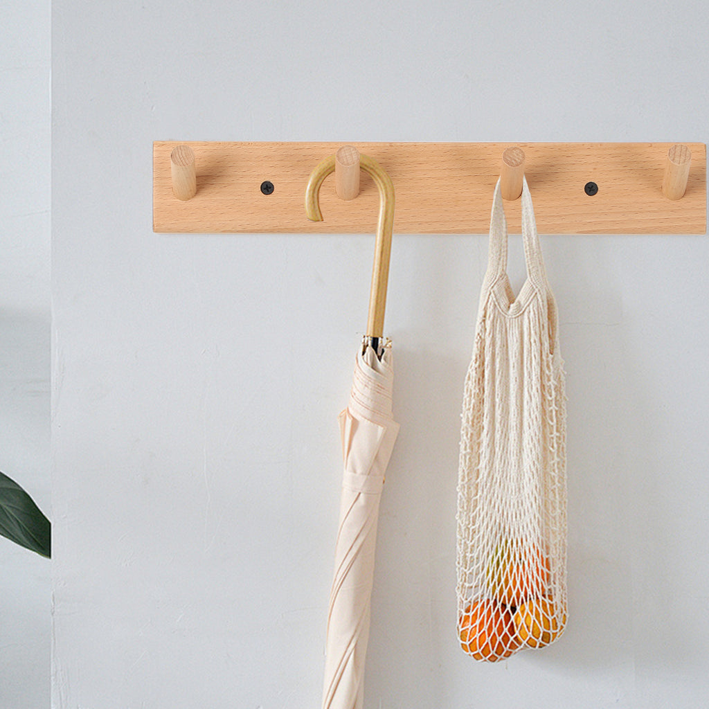 Rustic Solid Beech Wood Peg Coat Hooks 2 Pack, Wall Mount 4-Peg Hanging Rack with Adhesive Glue & Hardware Screws, Minimalist Farmhouse Wall Hanger for Coats, Backpacks, Umbrellas, Towels, Entryway Decor